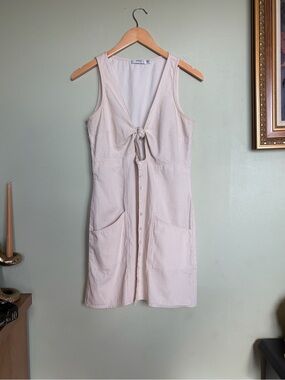 Obey Beige White Tie-Front Mini Striped 100% Cotton Dress Bohemian Cottagecore